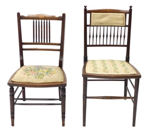 Two similar Edwardian mahogany and marquetry bedroom chairs, each with a padded seat.