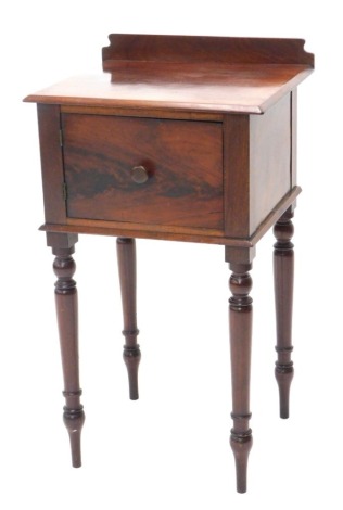 A Victorian mahogany pot cupboard, with a raised back on single figured drawer, with turned handle on turned tapering legs, 43cm wide.