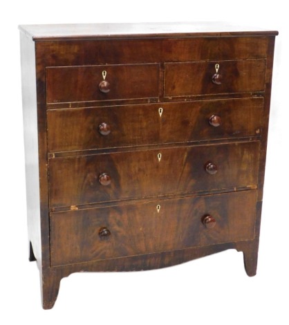 A 19thC mahogany chest of drawers, with a plain top above two short and three long drawers, each with turned wooden handles on bracket feet, 110cm wide. (AF)