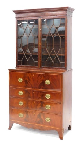 A 19thC mahogany secretaire bookcase, the top with two astragal glazed doors, the base with a fitted fall front drawer and three further drawers, each with oval brass handles decorated with portico, on splayed legs, the top and bottom associated, 216cm hi