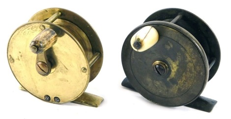 A late 19thC Farlow brass fishing reel, engraved with makers details and an ivory handle and a brass fishing reel. (2)