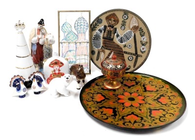 A group of USSR pottery and porcelain, including Lomonosov figures and a decanter, lacquered cup and cover, and a two tile framed plaque of the domes of the Kremlin. (a quantity)