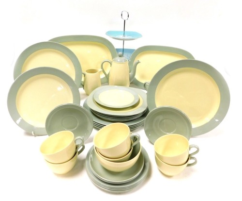 An early 20thC Spode Meadowsweet pattern pottery part dinner, coffee and tea service, comprising pair of graduated meat platters, six dinner, dessert and side pates, sauce boat on stand, coffee pot, bread plate, cream jug, sugar bowl, six tea cups and sau