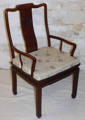 A Chinese hardwood oval dining table, with two additional leaves, raised on square legs and spade feet, 77cm high, 152cm wide, 244cm extended, 112cm deep, together with eight dining chairs, with loose cushion seats, comprising a pair of carvers and six si - 5