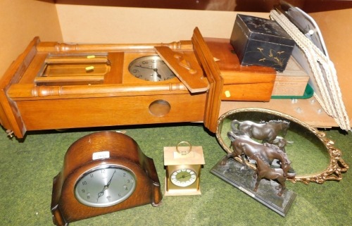 An oak cased Westminster chime mantel clock, carriage clock, bronze figure of horses, writing slope, trays and a mirror, etc.