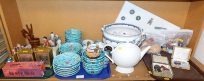 Miscellaneous items, to include carriage clocks, Chinese figures, Hummel figures, crystal balls, part oriental dinnerwares, a large soup tureen, teapot, etc. (3 trays and loose)