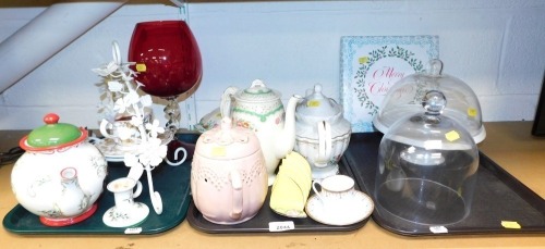 Glass and ceramics, to include teapots, brandy glass, tea cups and saucers, cake stand and a cover. (3 trays)