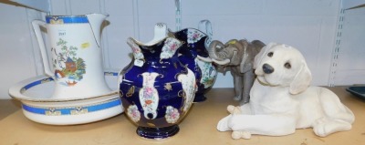 Ceramics, to include wash basin and jug, large jugs, elephant and a small Labrador.