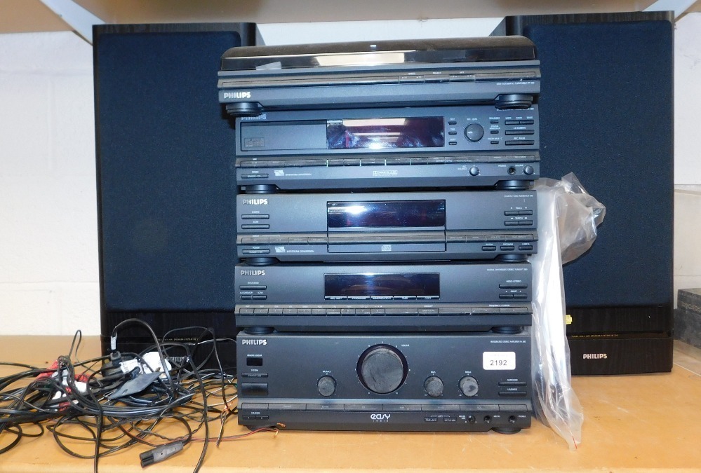 A Phillips stacking stereo system with equaliser, radio, turntable and