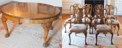 A George II style walnut extending dining table, the oval burr top with a carved edge, raised on four shell and scroll carved legs with raised beading, on hairy paw feet, 75cm high, the top 121cm x 150cm, with winder, together with a set of ten Queen Anne