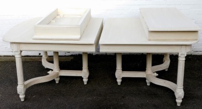 A 20thC Continental cream painted extending dining table, the rectangular rounded top with a moulded edge above cylindrical fluted legs with carved decoration, united by shaped stretchers, 78cm high, the top 210cm x 123cm, with two additional leaves, each - 4