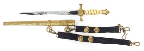 A German Imperial naval dirk, the open crown pommel above an ivorine grip interspersed with twisted brass wire, the brass hilt decorated with anchor motifs, double capstan quillons, and release button, the steel blade marked Solingen, with a hammered bras