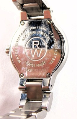 A Raymond Weil lady's wristwatch, in a stainless steel case with a silvered Roman numeric dial and blue stone set winder, the dial 2cm diameter, serial number 5927, 60.2g all in. - 3