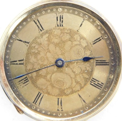 A lady's pocket watch, open faced, key wind, the floral engraved dial with black enamel Roman numerals and blue hands, in a florally engraved case, with vacant shield reserve, key wind and safety chain, yellow metal, stamped 18k, 34.3g all in. - 2