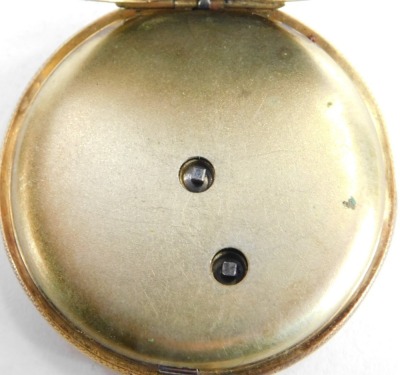 A lady's pocket watch, open faced, key wind, the floral engraved dial with black enamel Roman numerals and blue hands, in a florally engraved case, with vacant shield reserve, key wind and safety chain, yellow metal, stamped 18k, 34.3g all in. - 3