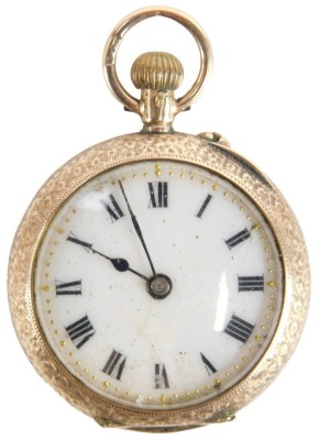 A Continental lady's 12ct gold pocket watch, open faced, keyless wind, with elaborate floral scroll case, and enamel detail of irises, with a white enamel dial with gold markers, and blue hands, gold cuvette, serial number 163656, 17.8g all in.