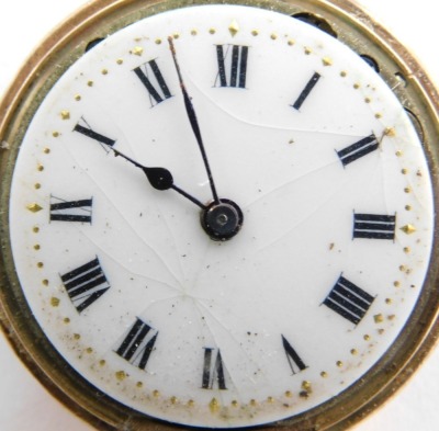 A Continental lady's 12ct gold pocket watch, open faced, keyless wind, with elaborate floral scroll case, and enamel detail of irises, with a white enamel dial with gold markers, and blue hands, gold cuvette, serial number 163656, 17.8g all in. - 2