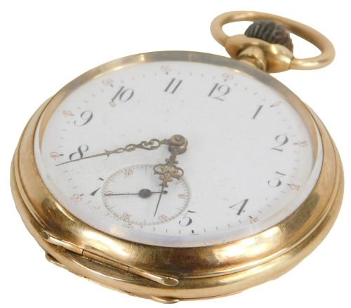 A gentleman's open face pocket watch, keyless wind, the white enamel Arabic numeral dial bearing Arabic numerals, subsidiary seconds dial, the case of plain form marked 0.585, number 14612, with plain cuvette, 92.1g gross.