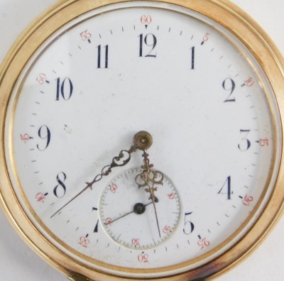 A gentleman's open face pocket watch, keyless wind, the white enamel Arabic numeral dial bearing Arabic numerals, subsidiary seconds dial, the case of plain form marked 0.585, number 14612, with plain cuvette, 92.1g gross. - 2