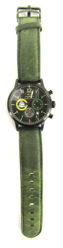 An AVI-8 Hawker Hurricane chronograph wristwatch, with a black dial bearing Arabic and three subsidiary dials, on a green suede strap, the dial 4cm diameter, boxed.