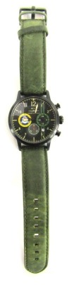 An AVI-8 Hawker Hurricane chronograph wristwatch, with a black dial bearing Arabic and three subsidiary dials, on a green suede strap, the dial 4cm diameter, boxed.