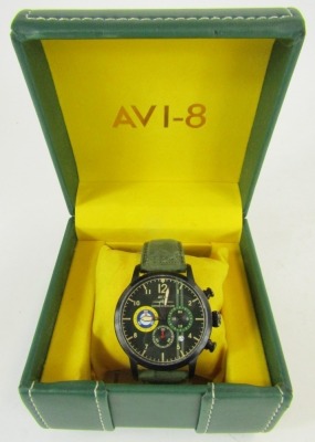 An AVI-8 Hawker Hurricane chronograph wristwatch, with a black dial bearing Arabic and three subsidiary dials, on a green suede strap, the dial 4cm diameter, boxed. - 2