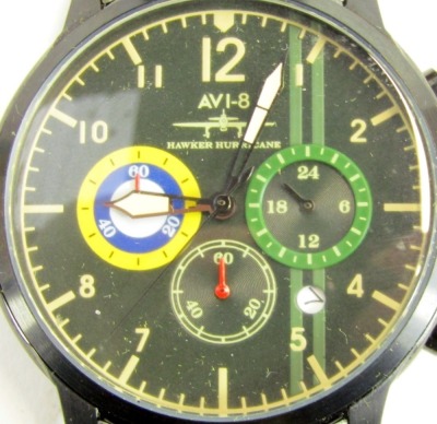 An AVI-8 Hawker Hurricane chronograph wristwatch, with a black dial bearing Arabic and three subsidiary dials, on a green suede strap, the dial 4cm diameter, boxed. - 3