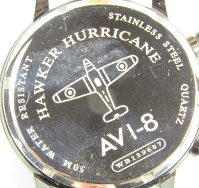 An AVI-8 Hawker Hurricane chronograph wristwatch, with a black dial bearing Arabic and three subsidiary dials, on a green suede strap, the dial 4cm diameter, boxed. - 4