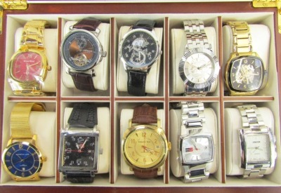 A beech watch case, containing a group of ten gentleman's wristwatches, to include Christin Lars, Moscow Times, Steeltek, Gianna Richi, and others. (10)