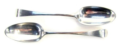 A pair of George III silver Old English pattern serving spoons, possibly London 1771, hall marks rubbed, 4.63oz. (2)