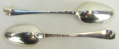 A pair of George III silver Old English pattern serving spoons, possibly London 1771, hall marks rubbed, 4.63oz. (2) - 2