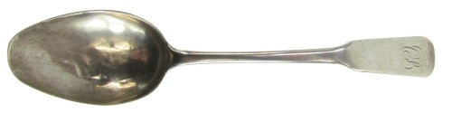 A Victorian Fiddle pattern serving spoon, bearing the initials C B, white metal with faint markings, 1.30oz.