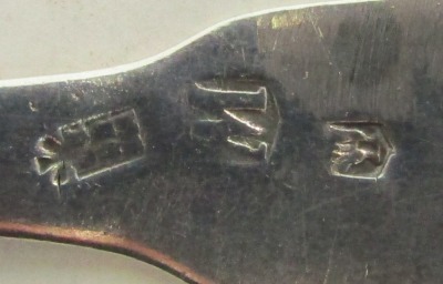 A Victorian Fiddle pattern serving spoon, bearing the initials C B, white metal with faint markings, 1.30oz. - 2