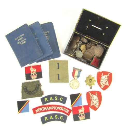 Coinage and badges, to include Britain's First Decimal Coin Sets, silver curb link chain, shoulder badges, cap badge, etc. (a quantity)