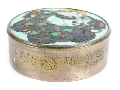 An early 20thC Austrian silver plated and cloisonne enamel box, decorated to the lid with a stylised peacock, stamped XPM 1911.