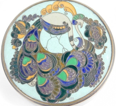 An early 20thC Austrian silver plated and cloisonne enamel box, decorated to the lid with a stylised peacock, stamped XPM 1911. - 2