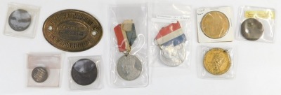 Various enamel pins, to include Esso, Leeds United, British Red Cross, together with a King George V and Queen Mary Coronation medallion for 1911 in Peterborough, further Coronation tokens, Cole and Co Peterborough bank token 1811, Hicks Bricky and Peterb - 2