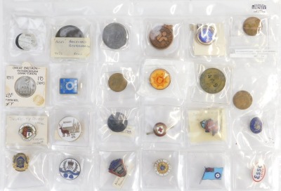 Various enamel pins, to include Esso, Leeds United, British Red Cross, together with a King George V and Queen Mary Coronation medallion for 1911 in Peterborough, further Coronation tokens, Cole and Co Peterborough bank token 1811, Hicks Bricky and Peterb - 3