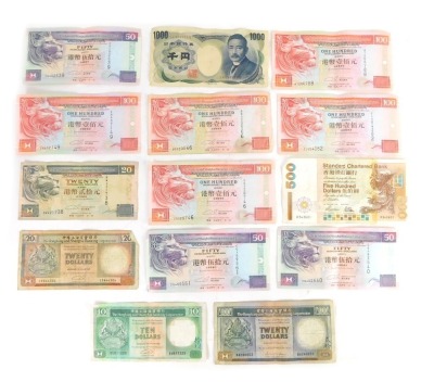 A group of 1990s and later banknotes, comprising 1,000 Yen, five 100 Hong Kong dollars, three 50 Hong Kong dollars, three 20 Hong Kong dollars, one 500 Hong Kong dollar note, etc.