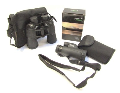 An Oregon 4PC by Opticron roof prism waterproof monocular, 10x42, in canvas case with outer box, together with a pair of Plastimo 7x50 binoculars, in case.