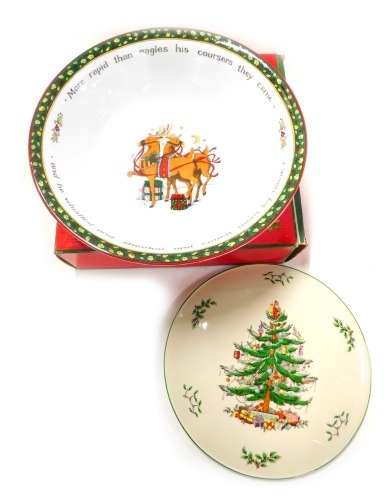 A Portmeirion Studio Christmas Story serving bowl, boxed, together with a Spode cake plate decorated in the Christmas Tree pattern, 29.5cm diameter. (2)