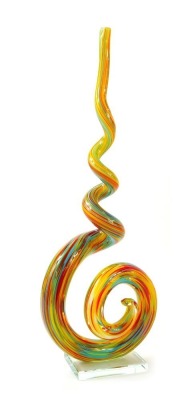 A 20thC Murano twisted glass sculpture, decorated with flashes of blue, red and yellow, on a rectangular glass base, 42cm high.