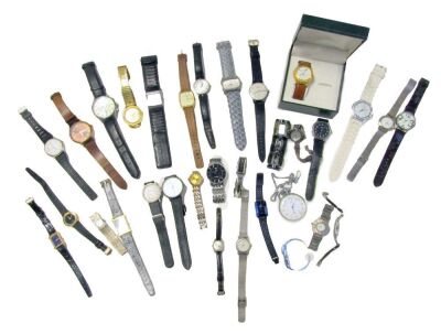 A group of ladies and gent's wristwatches, comprising Sekonda, QiWatch, Citron, Rotary & others and a pocket watch. (1 tray)