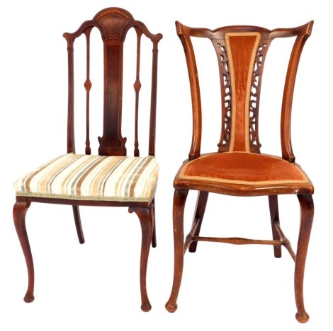 Two Edwardian salon chairs, comprising one with pink dralon seat, 94cm high, and a mahogany chair with boxwood bow inlaid, and a later upholstered striped seat, 97cm high. (2)