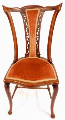 Two Edwardian salon chairs, comprising one with pink dralon seat, 94cm high, and a mahogany chair with boxwood bow inlaid, and a later upholstered striped seat, 97cm high. (2) - 2