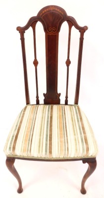 Two Edwardian salon chairs, comprising one with pink dralon seat, 94cm high, and a mahogany chair with boxwood bow inlaid, and a later upholstered striped seat, 97cm high. (2) - 3