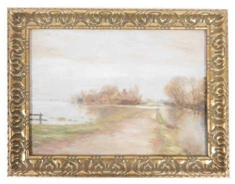 R A Gardner (20thC School). Bourne Fen Flood, oil on board, attributed in pencil verso, 23.5cm x 34cm.