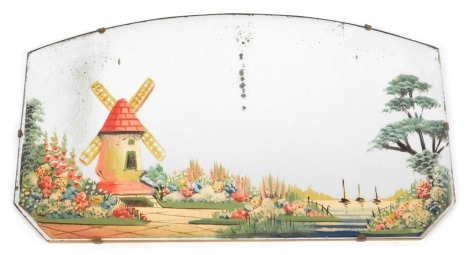 A mid century mirror, of rectangular arched form, painted with a scene depicting windmill, tree, flowers, etc, 55.5cm x 31cm.