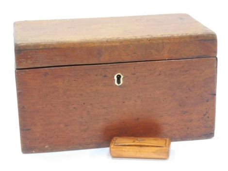 A 19thC mahogany tea caddy, of rectangular plain form, the hinged lid enclosing two lidded compartments, 15cm high, 26cm wide, 14cm deep, together with a sycamore snuff box, with mother of pearl inlay to lid, 7.5cm high.