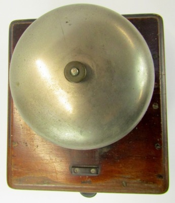 An early 20thC Midland Railway block bell, the oak base stamped MR 1902, 23cm wide. - 2